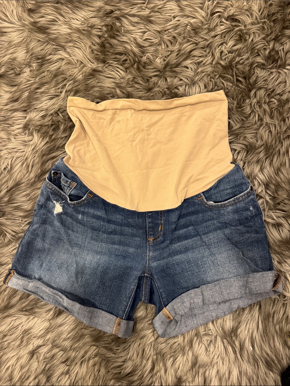 A Pea in the Pod Beige Panel Blue Denim Maternity Shorts